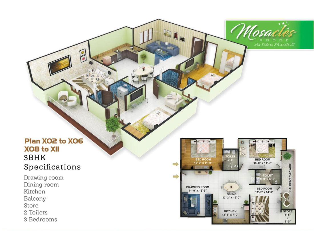 3 BHK Plan of Mosacles Adobe