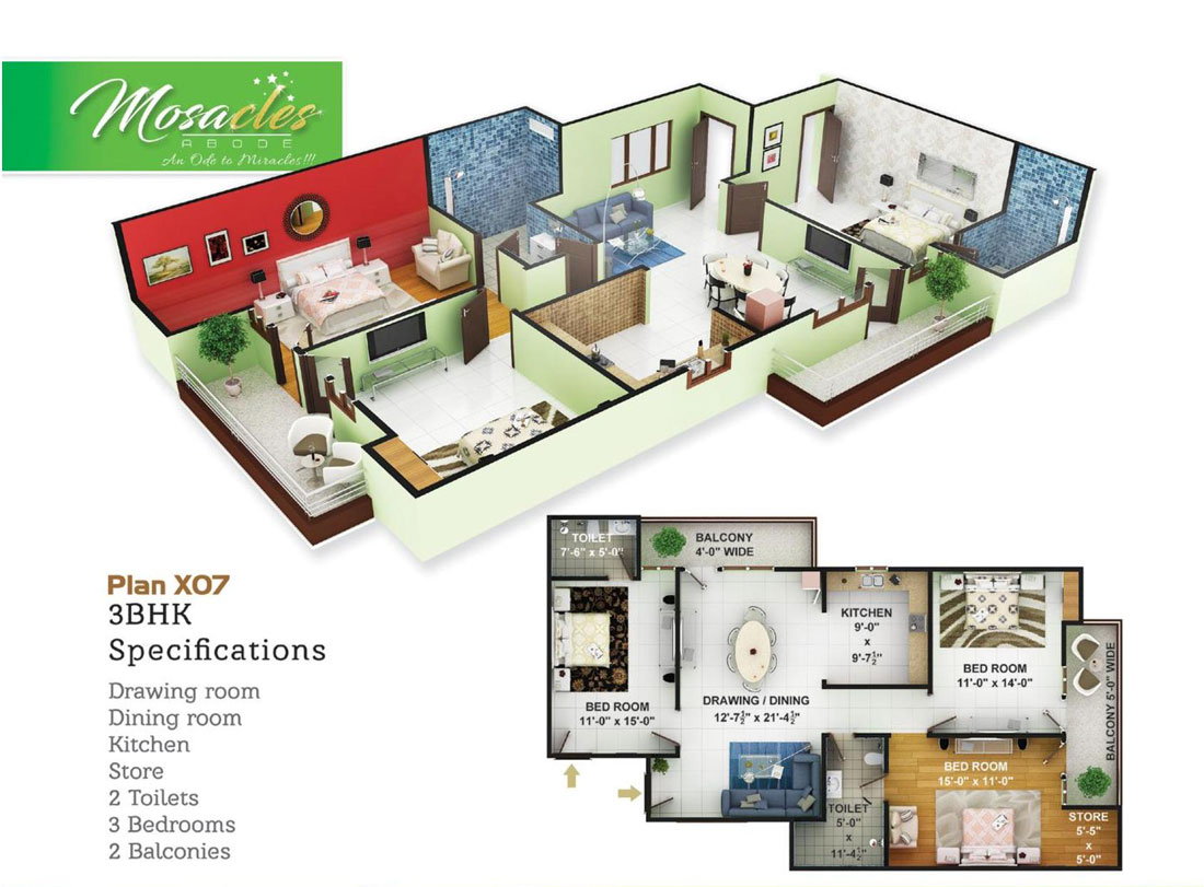 3 BHK Plan of Mosacles Adobe