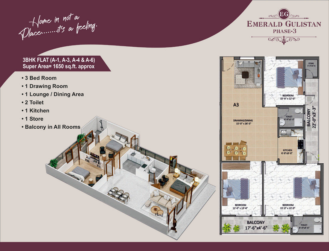 Emerald Gulistan 3 BHK Flat Plan