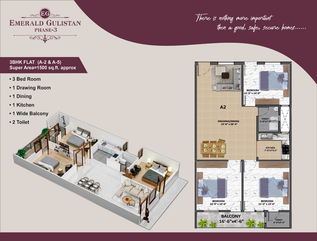 Emerald Gulistan 3 BHK Flat Plan